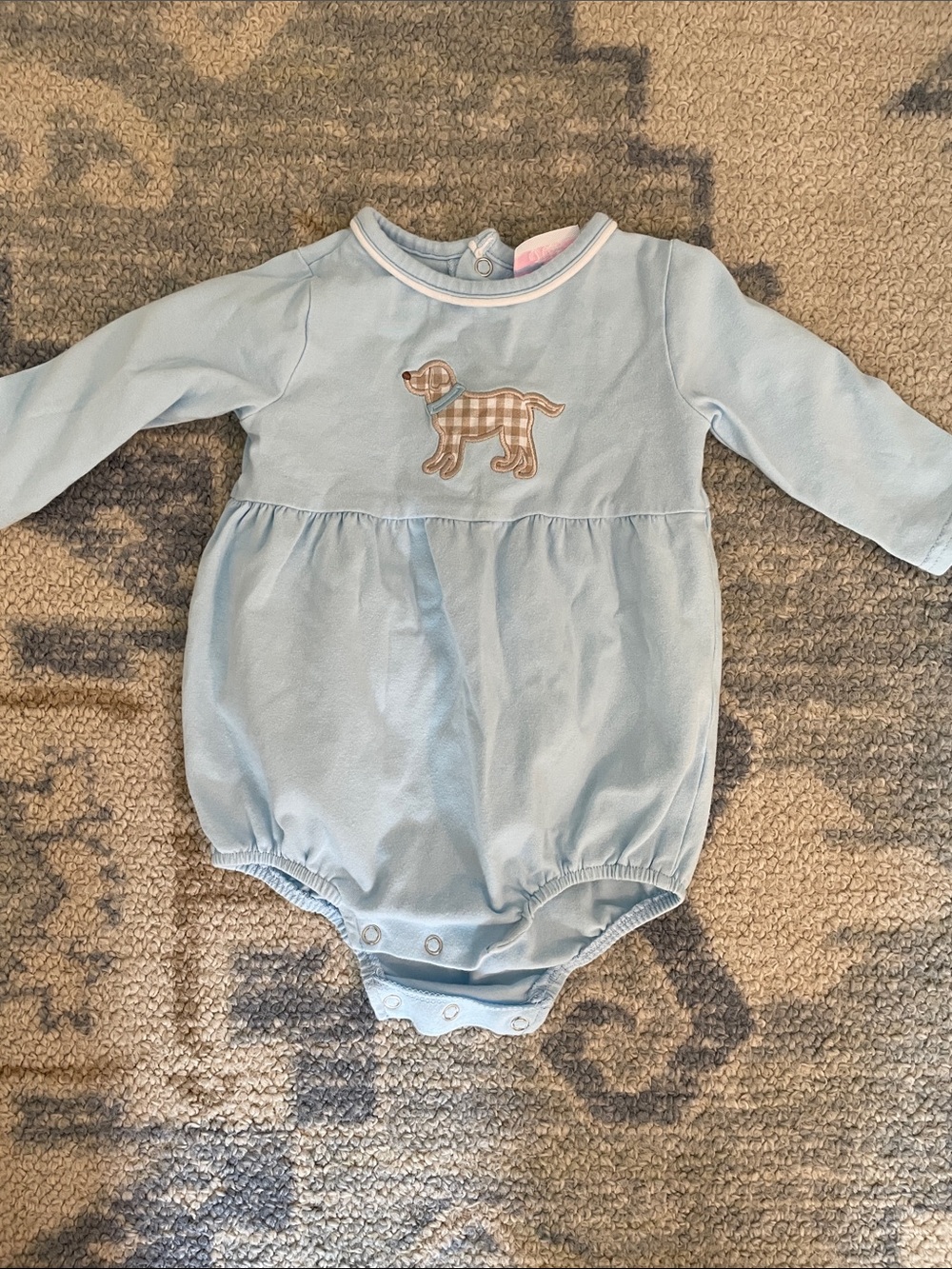 Stitchy Fish Blue Long-Sleeve Baby Bodysuit with Plaid Puppy Applique